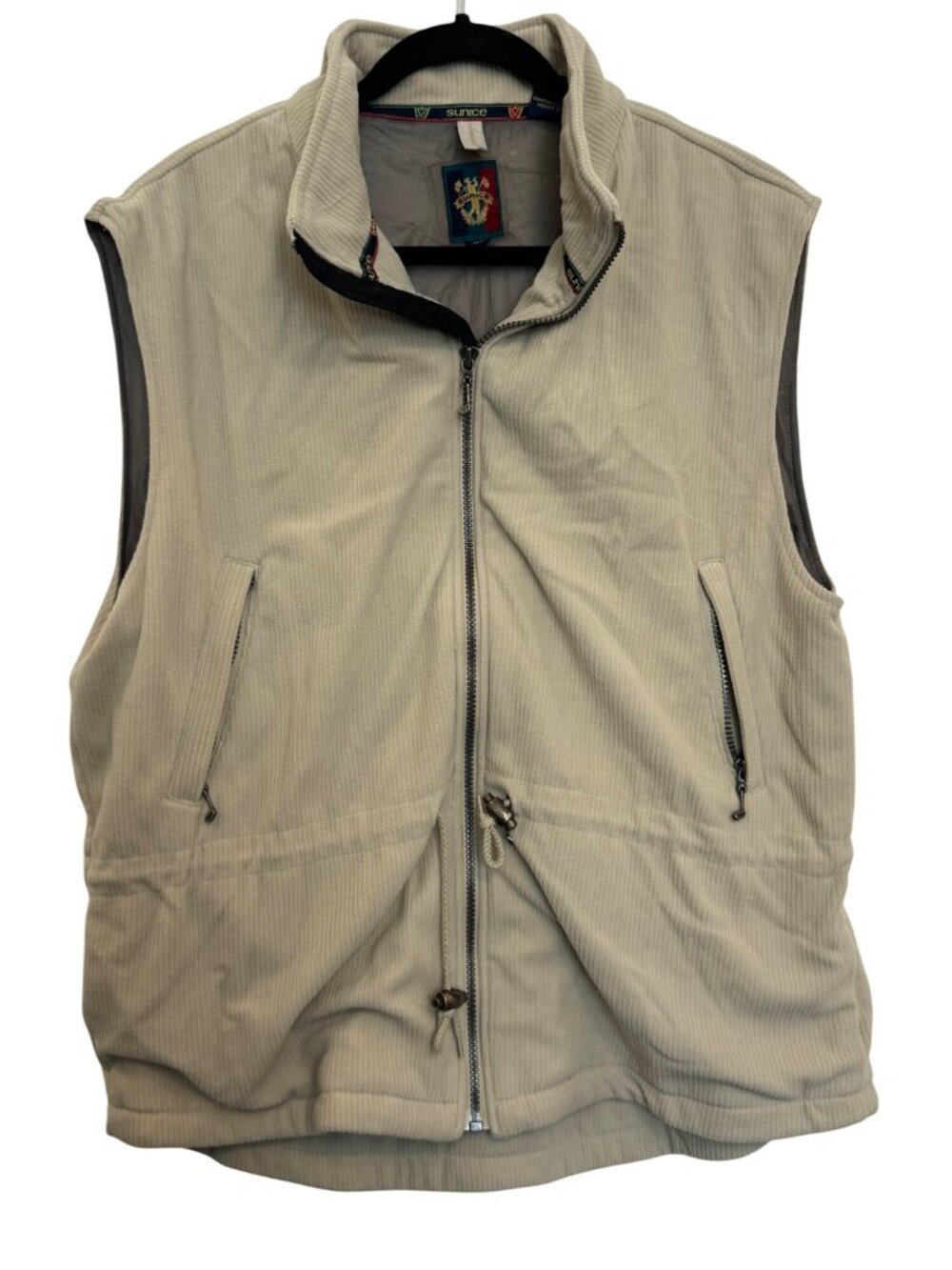 Vintage Sunice Beige Corduroy Vest XL With Full Zip Pockets & Embroidered Crest